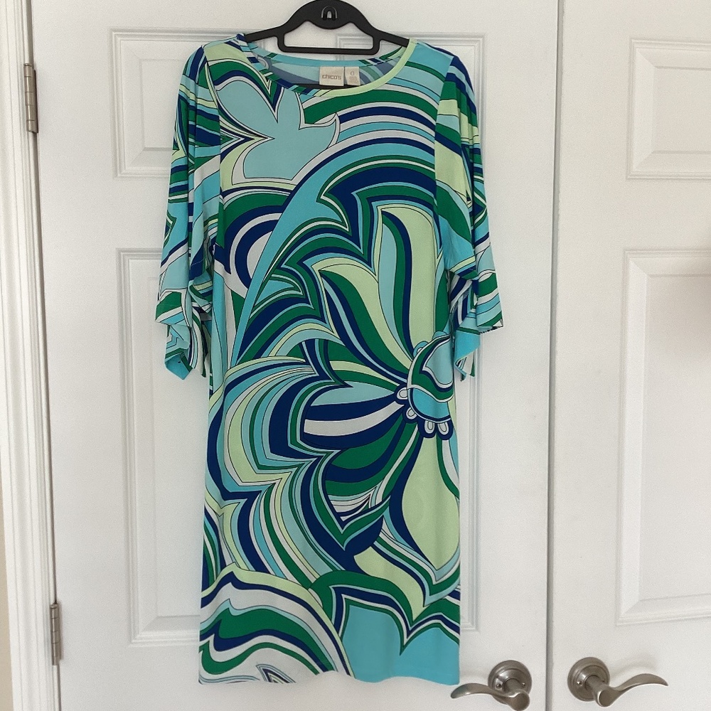 Chico’s Split Kimono Sleeve Abstract Blue Green Swirl Print Shift Dress Sz 0